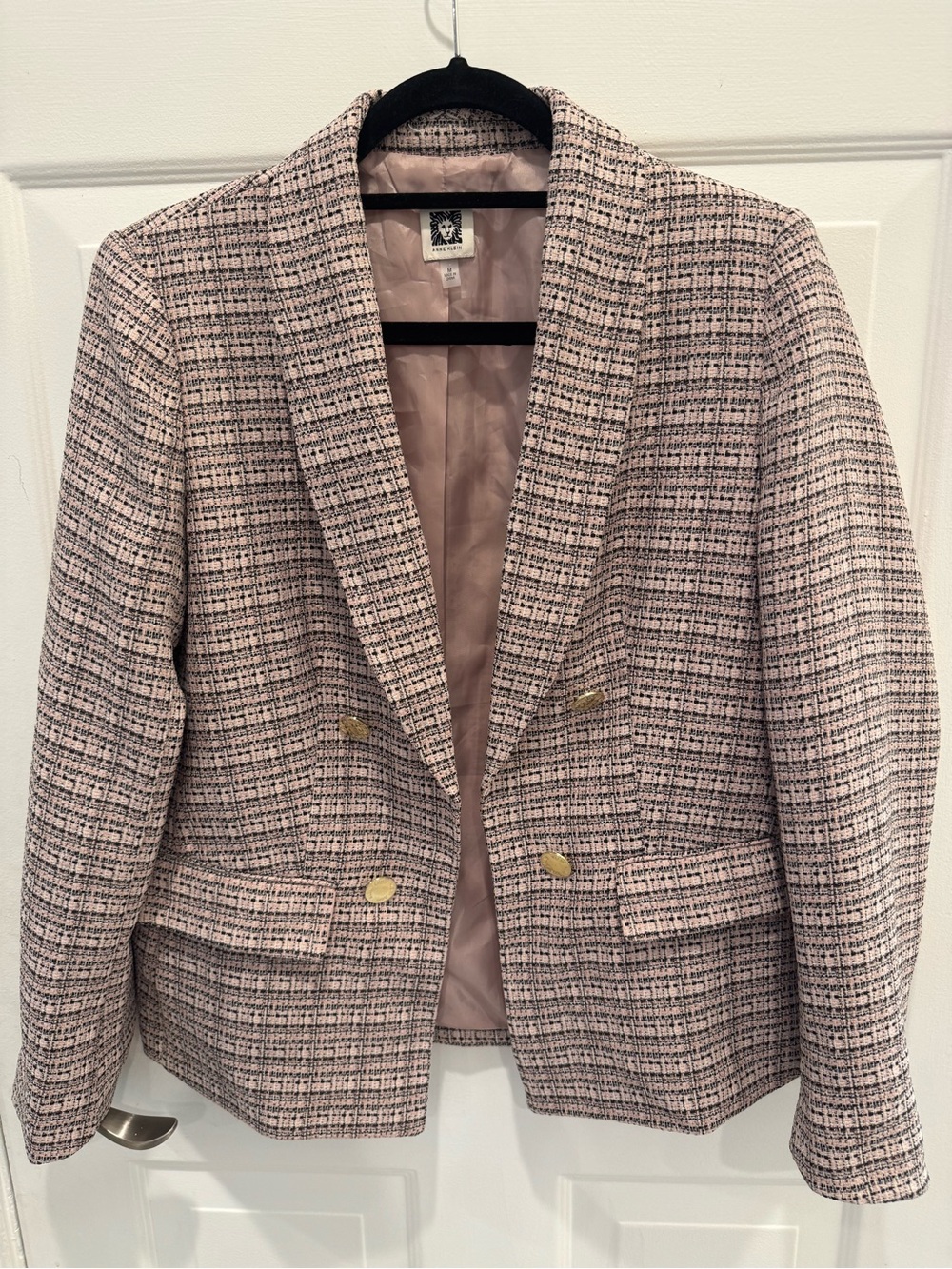 Anne Klein Pink Multi Tweed Double-Breasted Blazer with Gold Decorative Buttons